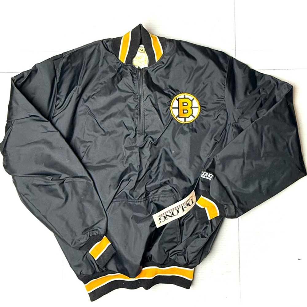 Vintage DeLONG NHL Boston Bruins Black Mens XL Satin Bomber Jacket Hockey 80s